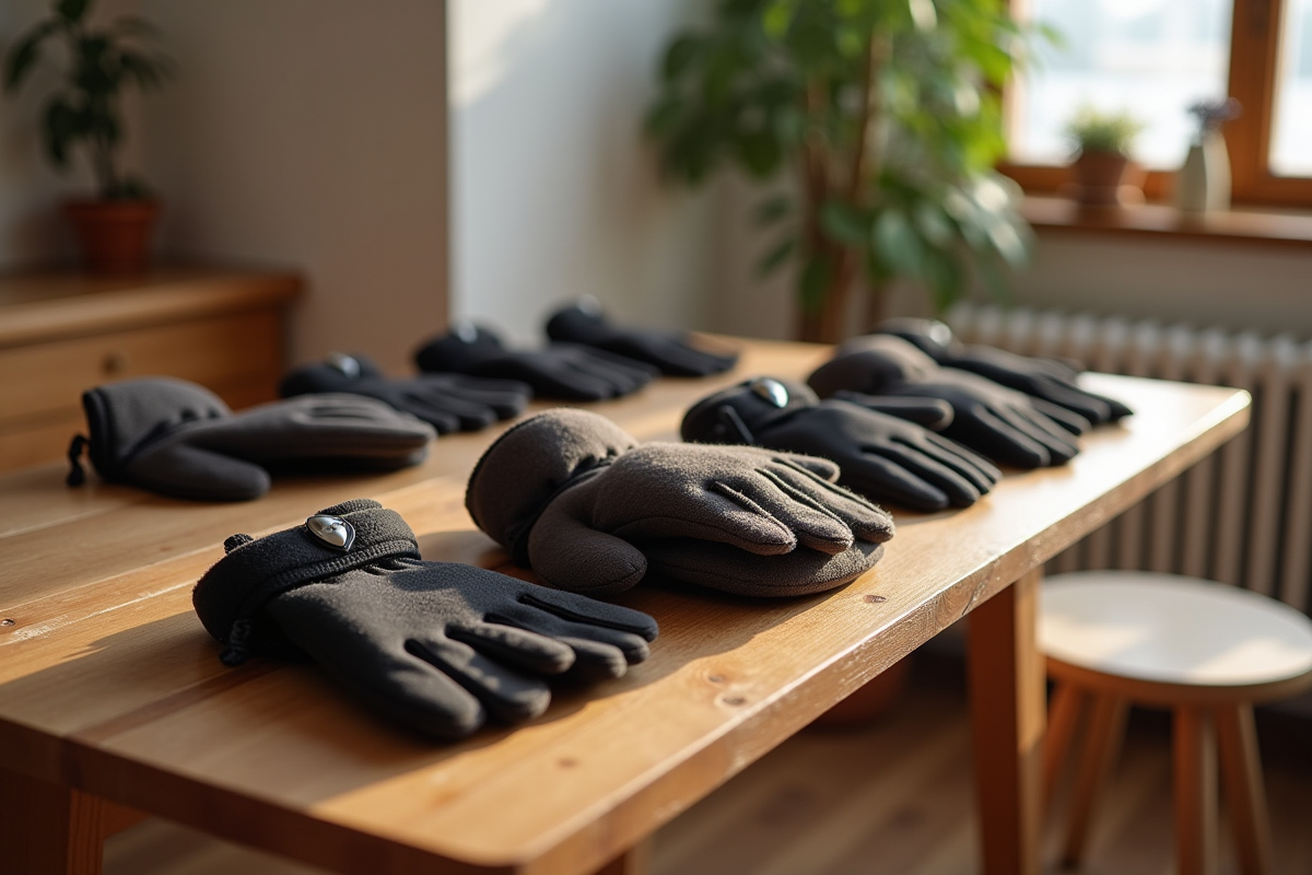 Plusieurs paires de gants chauffants Ekoi sur une table en bois avec boutons