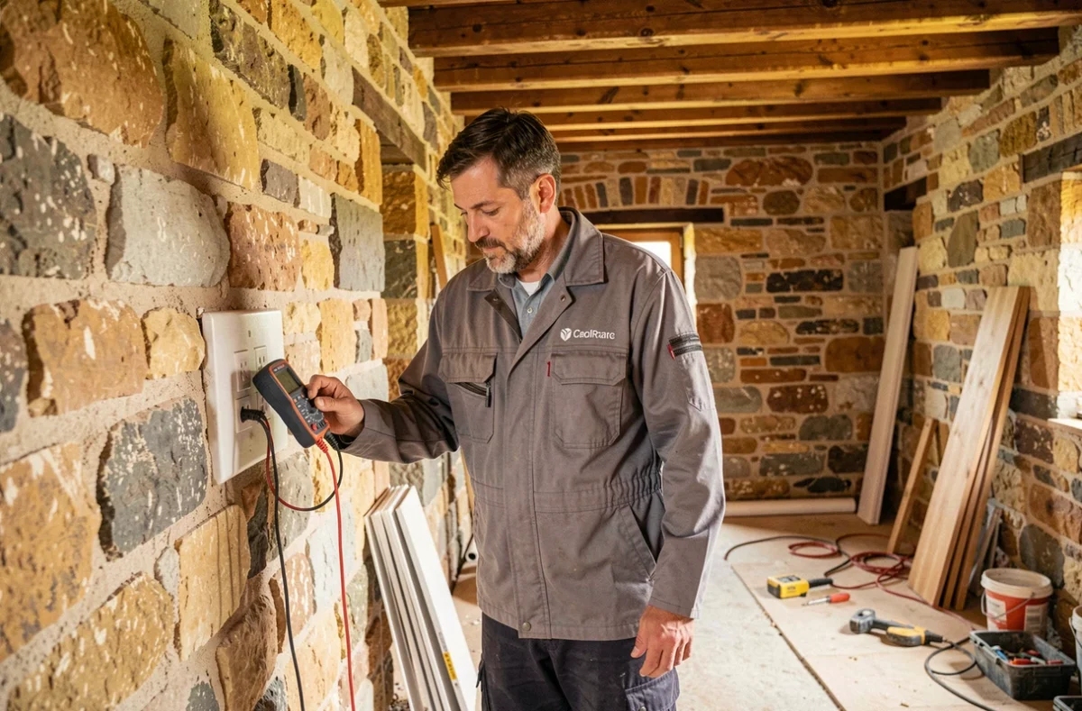 Électricien de Giacobetti M Électricité général testant une prise avec un multimètre dans une maison corse en pierre en rénovation
