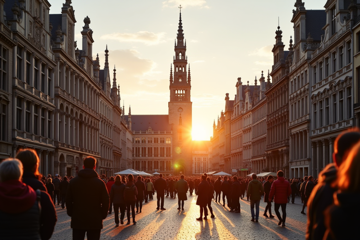 La grand place de bruxelles lors de l'heure dorée avec foule et façades