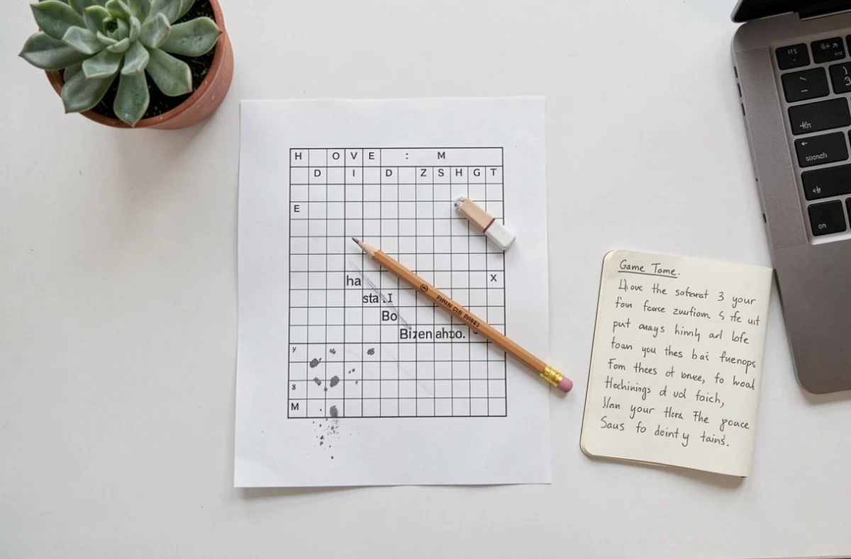 Vue de dessus d'une grille de mots croisés imprimée avec des notes manuscrites et un crayon sur un bureau minimaliste