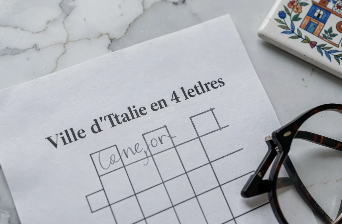 Gros plan d'un indice de mots croisés 'ville d'Italie en 4 lettres' sur marbre avec lunettes et motif céramique italien