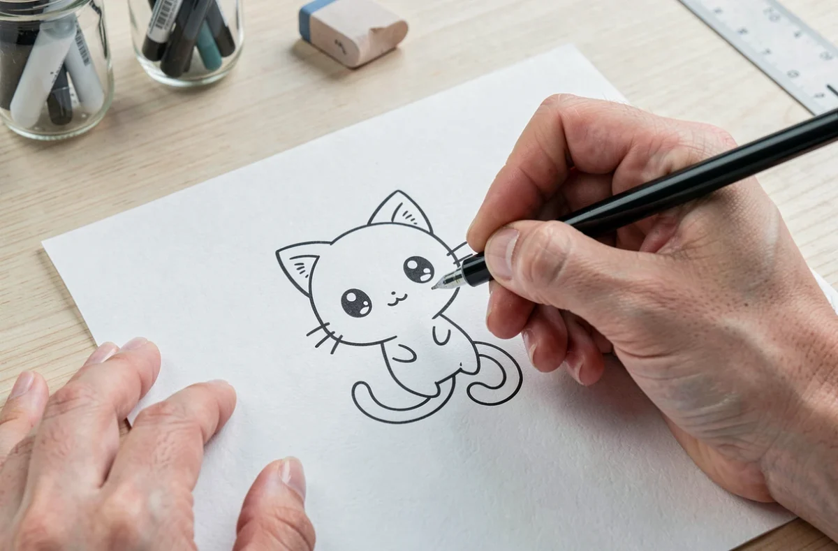 Gros plan sur les mains d'un artiste traçant les finitions d'un dessin chibi de Mew au stylo à encre noire sur papier Bristol blanc