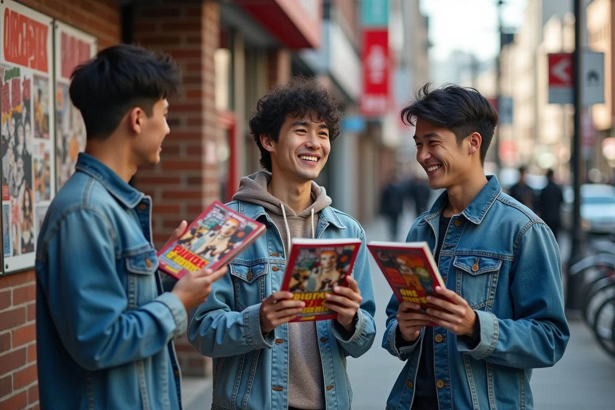 Groupe d amis discutant manga dans la rue animée