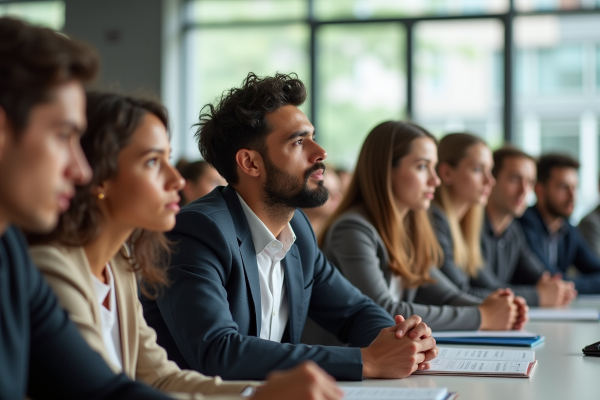 Groupe d'étudiants attentifs en salle moderne