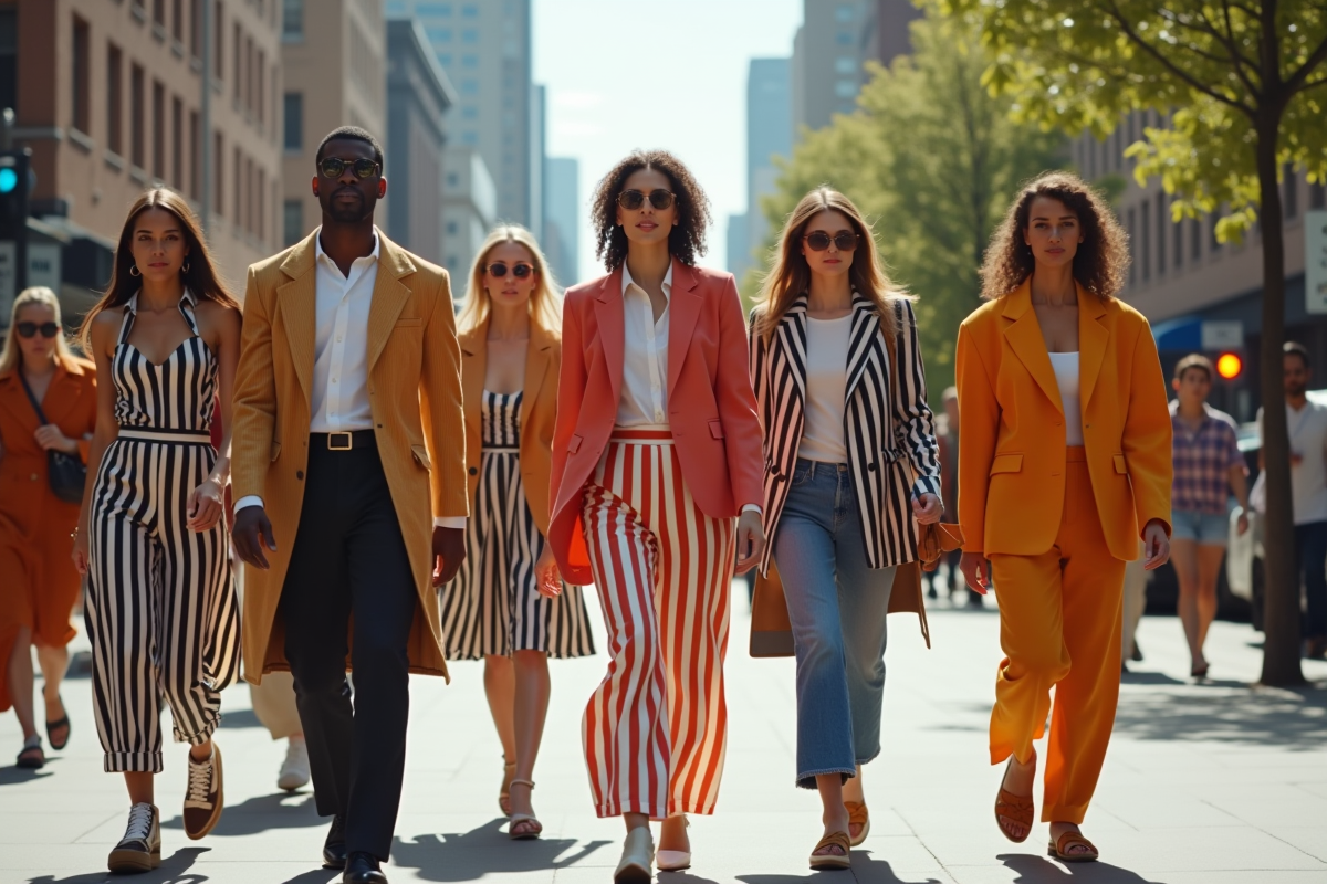 Groupe divers de personnes en mode coloré dans la ville ensoleillée
