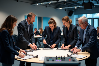 Groupe de professionnels organisant un événement en salle moderne