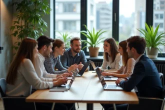 Groupe de professionnels en brainstorming dans un espace coworking