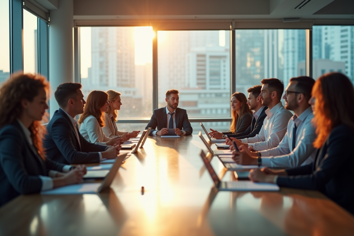 Groupe de professionnels autour d'une table moderne pour l'article {titre}