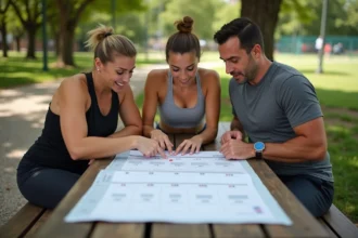 Groupe de sportifs adultes consultant un calendrier de semaine paire pour planifier leurs activités sportives dans un parc urbain