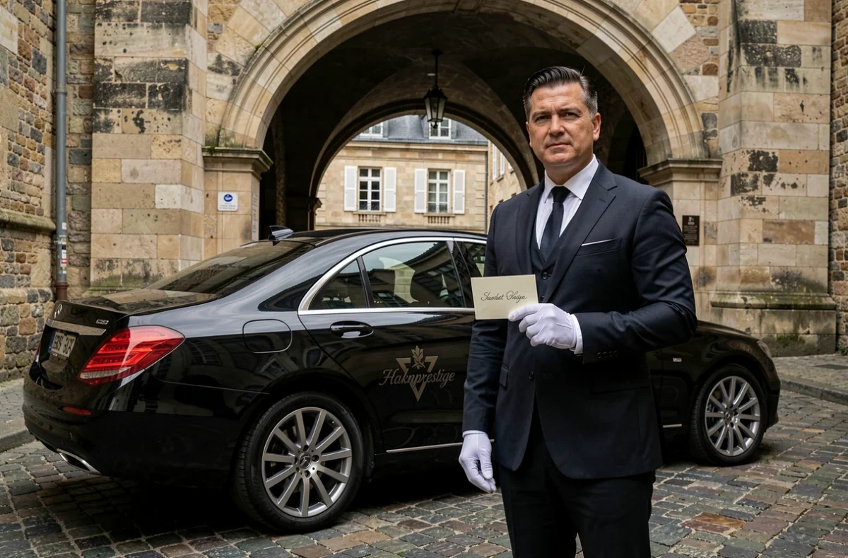 Chauffeur en costume sombre de Haknprestige tenant une pancarte sous une arche en pierre du quartier Saint-Pierre à Bordeaux