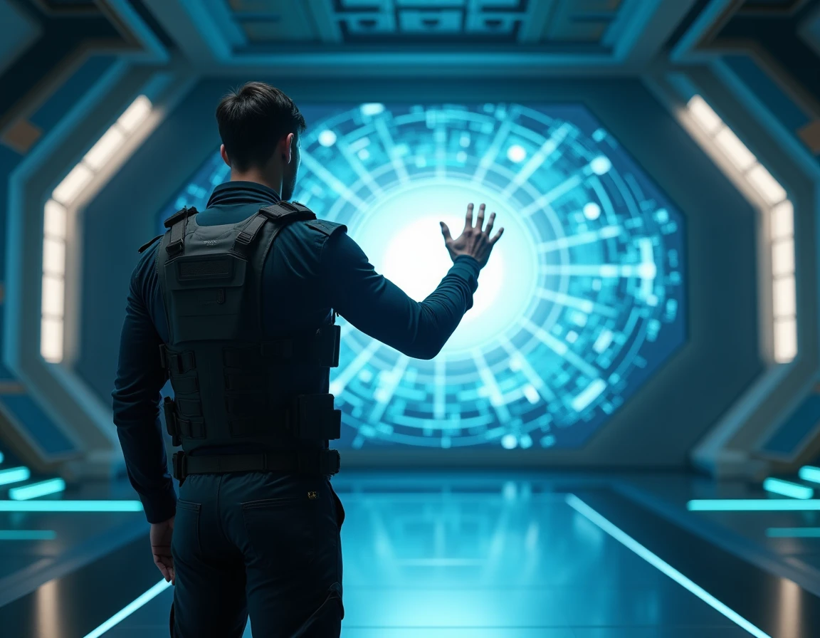 Homme en veste tactique interagissant avec une interface holographique futuriste, illustrant le concept de système de triche et de progression héroïque dans un roman de cultivation moderne