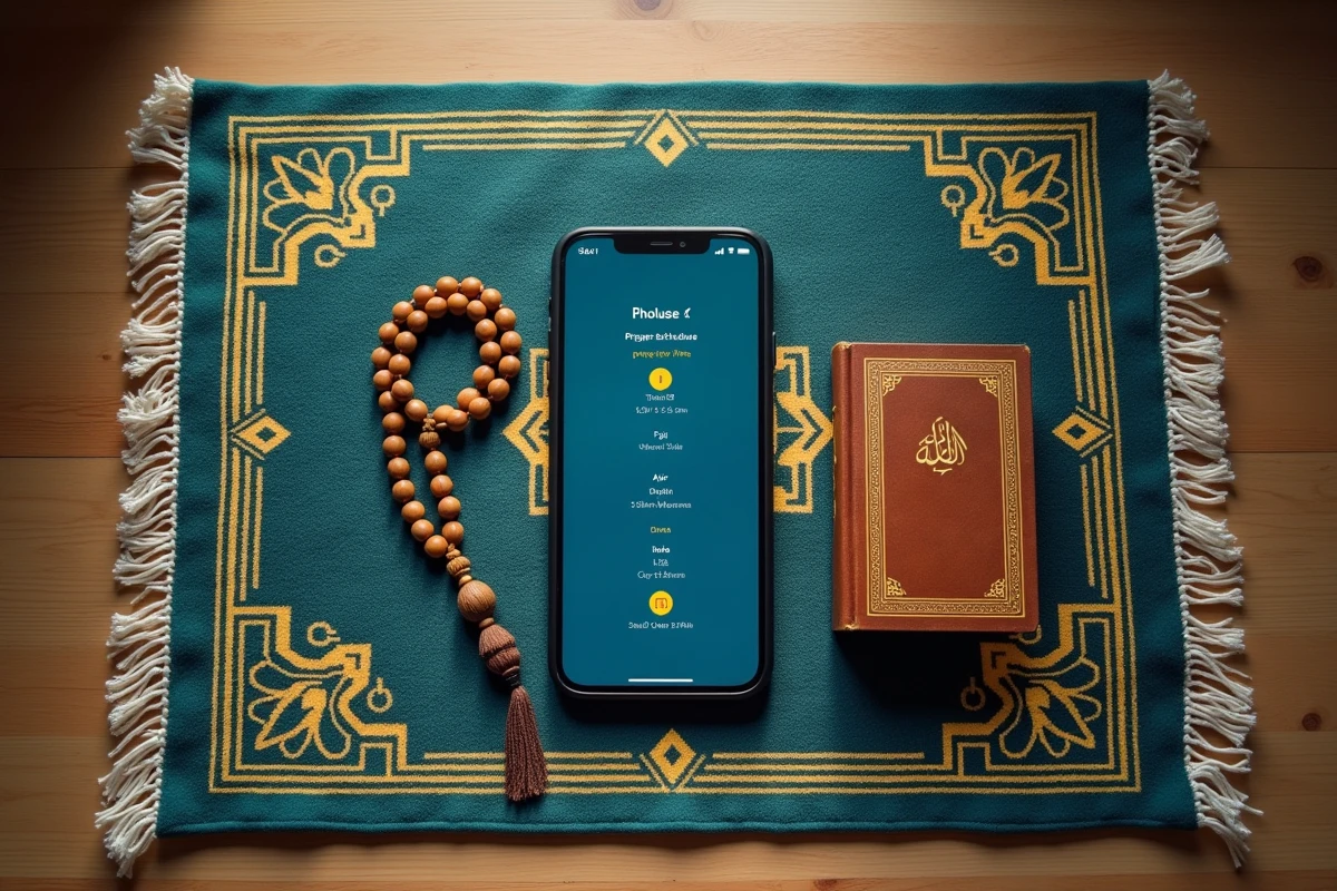Vue de dessus d'un smartphone affichant les horaires de prière de Toulouse sur un tapis de prière avec chapelet et Coran