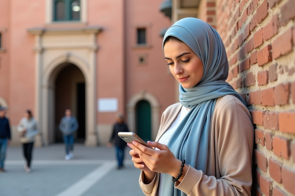 Femme en hijab consultant un rappel d'heure de prière sur son téléphone devant une mosquée à Toulouse