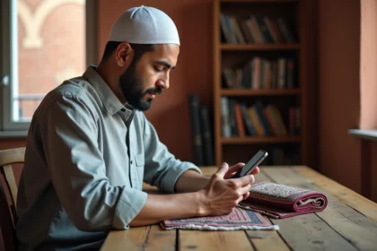 Homme consultant les heures de prière sur son smartphone avec rappel automatique dans un intérieur toulousain
