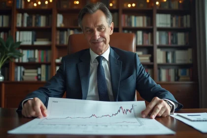 Homme d'affaires en costume analyse un graphique de la courbe inversée