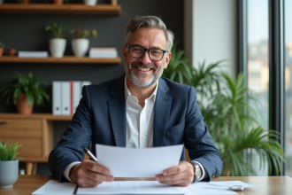 Homme d'affaires en bureau moderne examinant des documents immobiliers