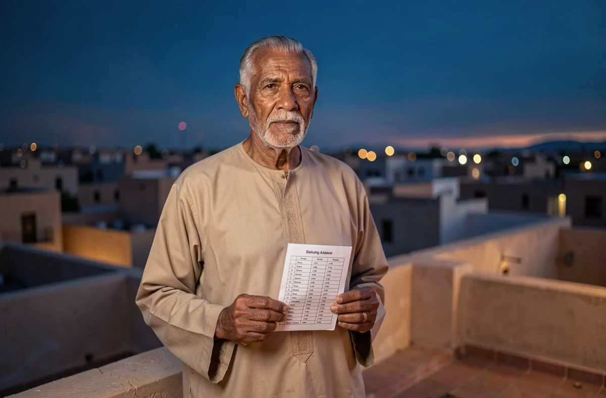 Homme âgé en djellaba consultant l'horaire de l'imsak sur une terrasse de médina avant l'aube