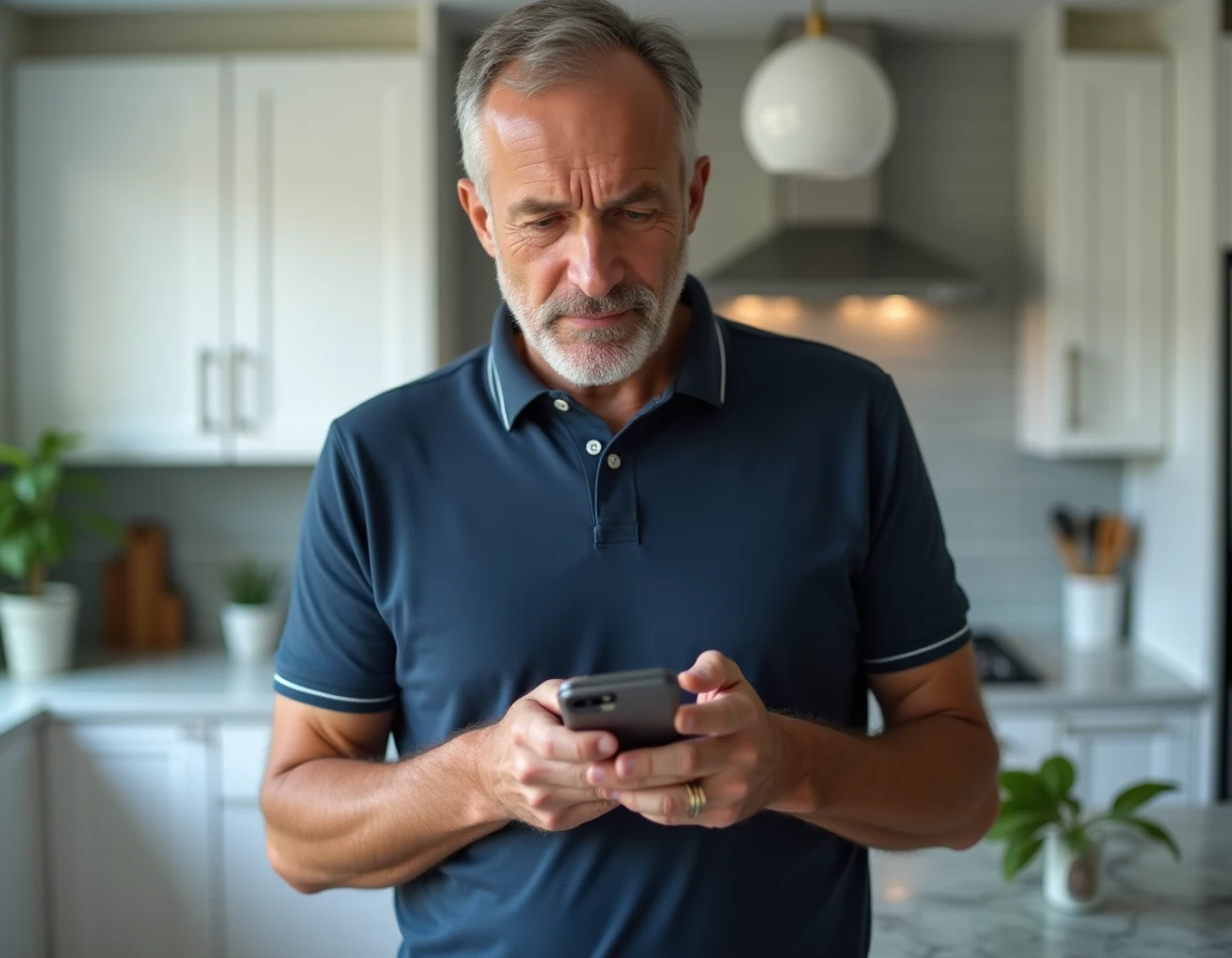 Homme dans sa cuisine recevant un appel téléphonique non désiré sur smartphone lié à son compte Amazon