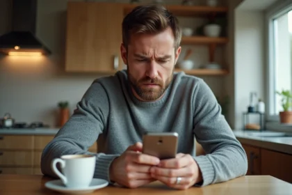 Homme agacé regardant son smartphone après un appel indésirable du numéro 0683778003