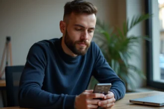 Homme consultant une application de prière islamique sur son smartphone à Annemasse