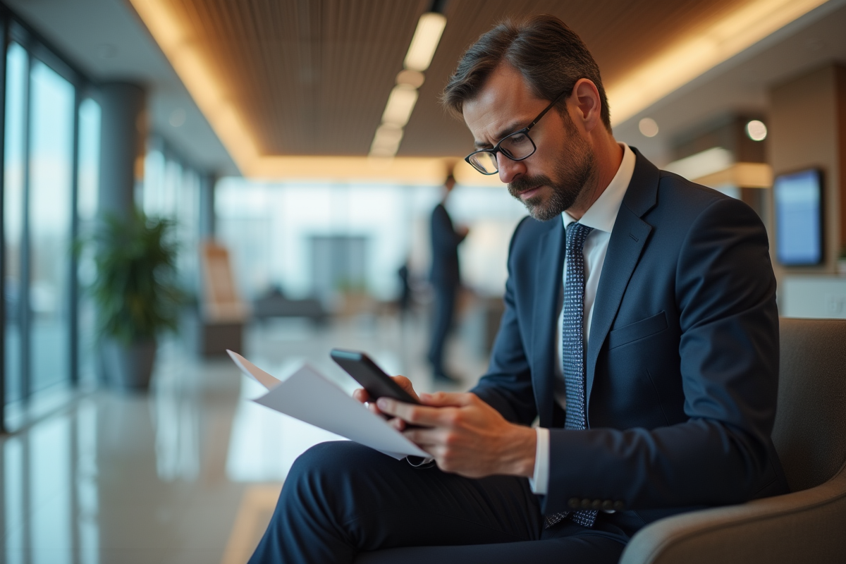 Homme en costume vérifiant ses documents bancaires