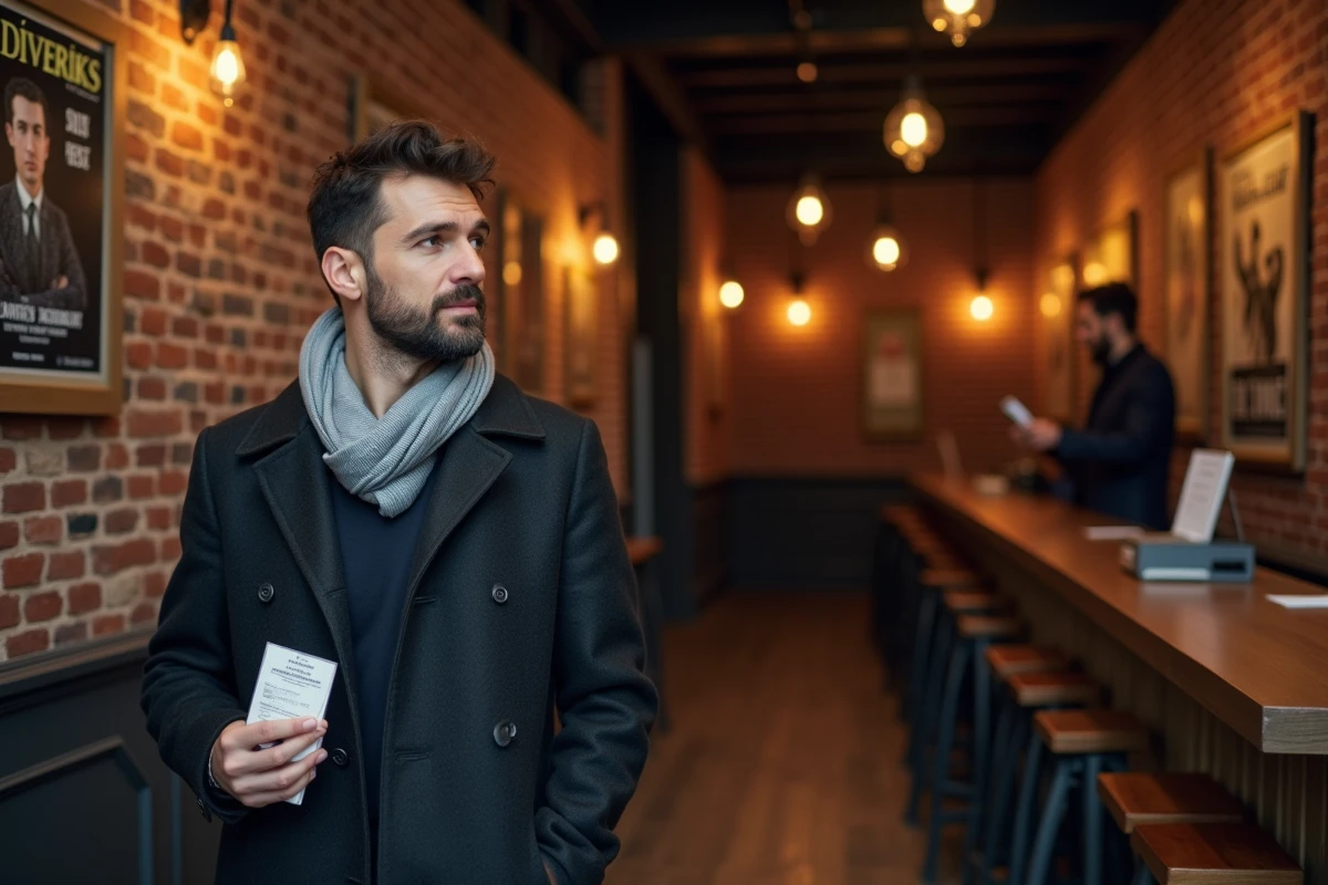 Homme tenant son billet à l'entrée d'une salle de concert à Lyon avec décor en brique apparente