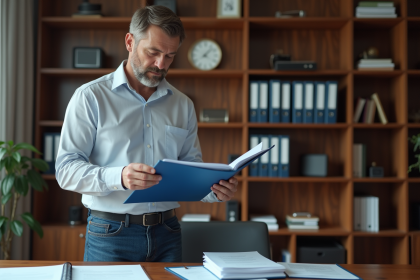 Homme d'âge moyen dans un bureau lisant des documents officiels