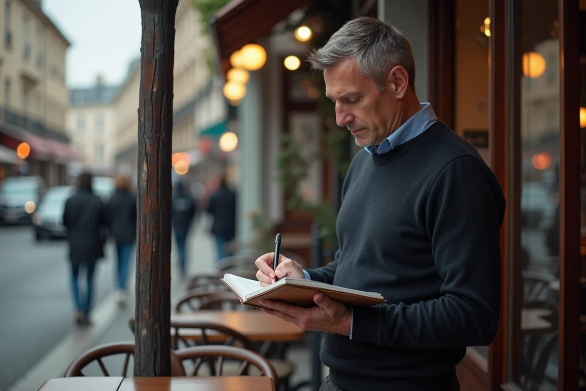 Homme au café prenant des notes sur un article juridique