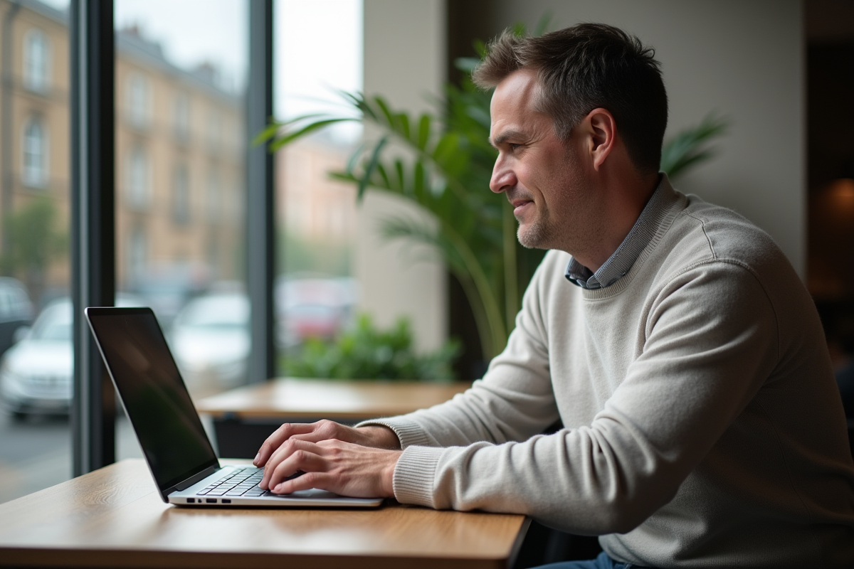 Homme au café tapant sur un ultrabook près de la fenêtre