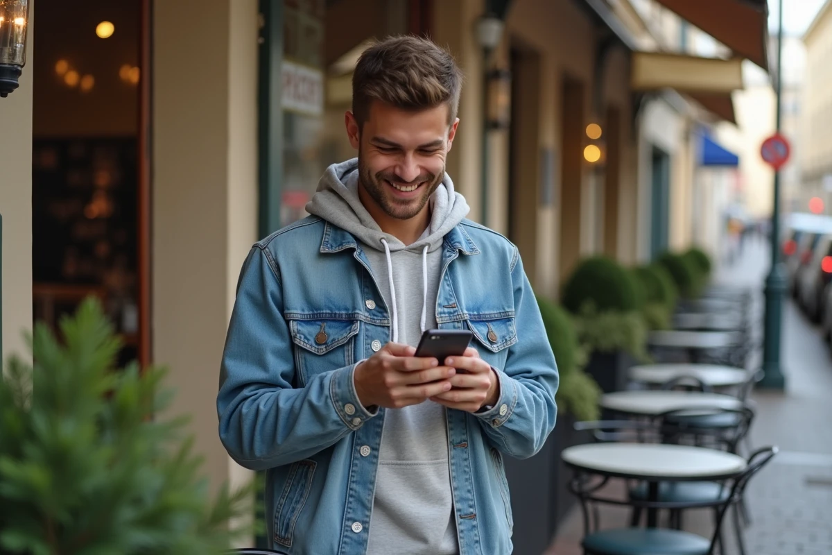 Jeune homme souriant avec smartphone devant un café parisien