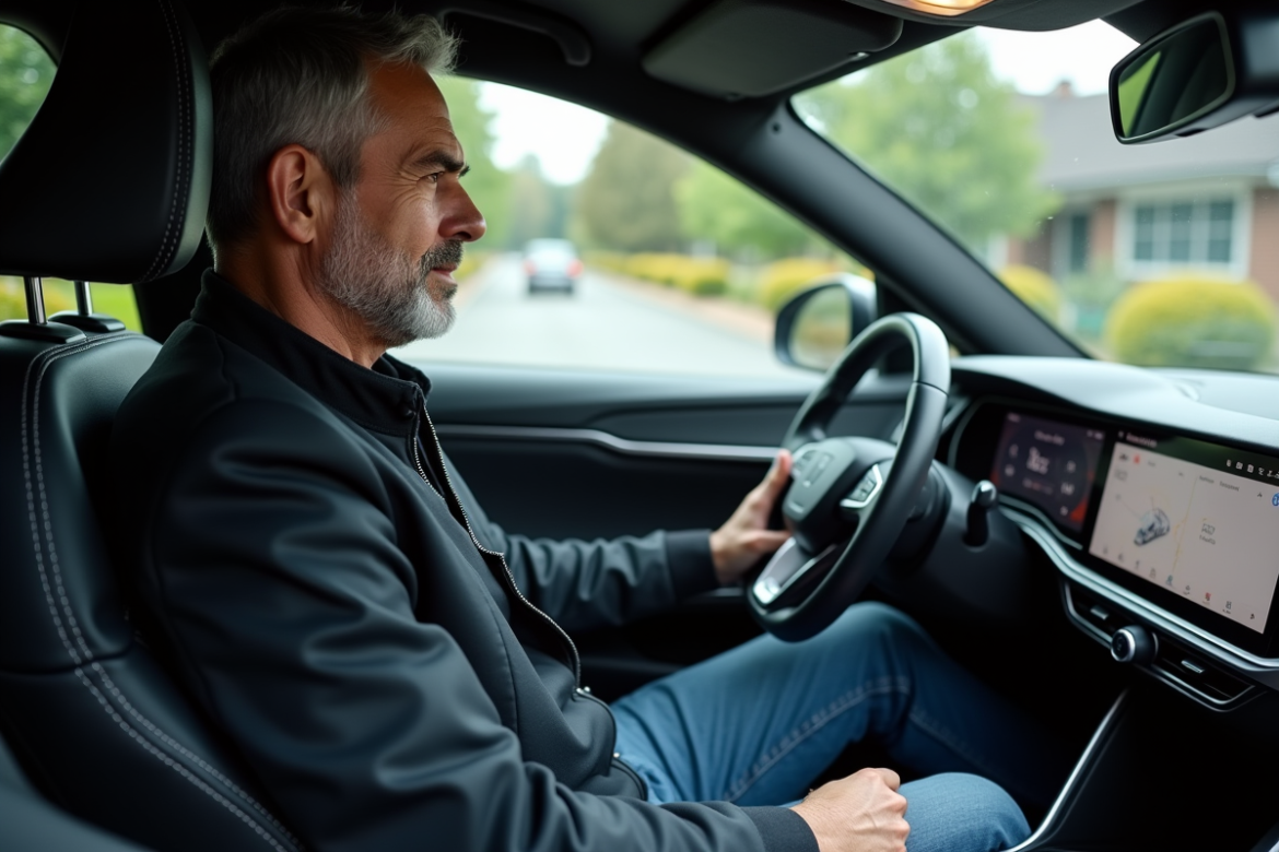 Homme dans sa voiture moderne en conduite autonome