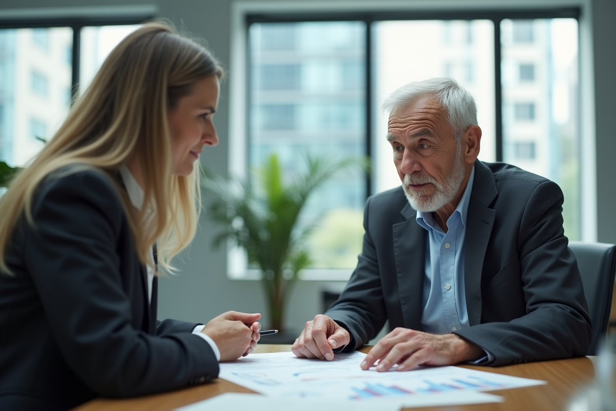 Homme âgé discutant avec un conseiller financier dans un bureau moderne