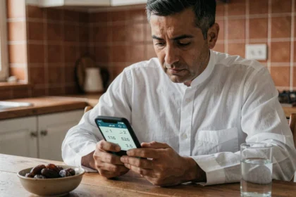 Homme consultant l'heure de l'imsak sur son téléphone avant l'aube pendant le ramadan