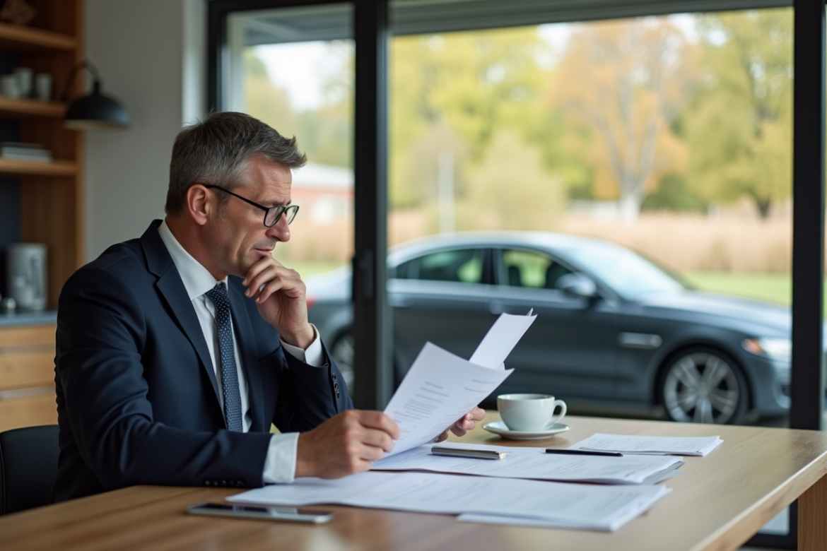 Homme d'affaires examinant documents d'assurance voiture à la maison