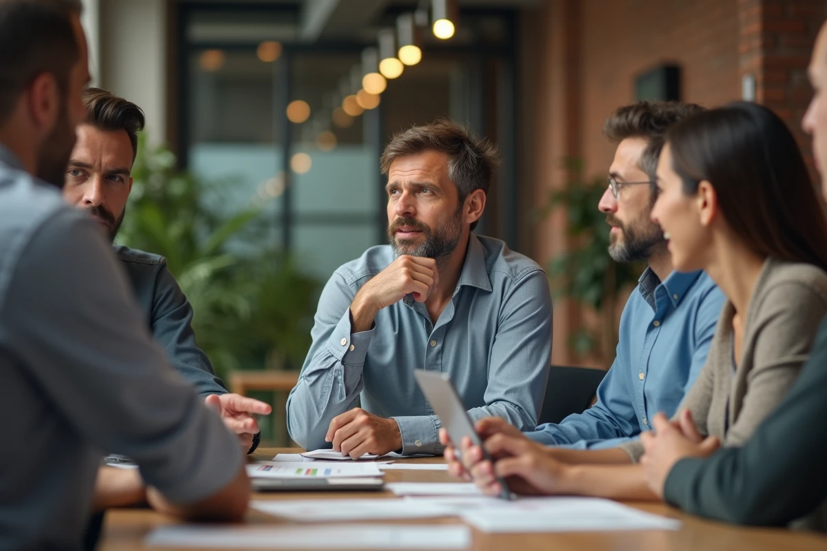 Homme réfléchi en discussion avec collègues