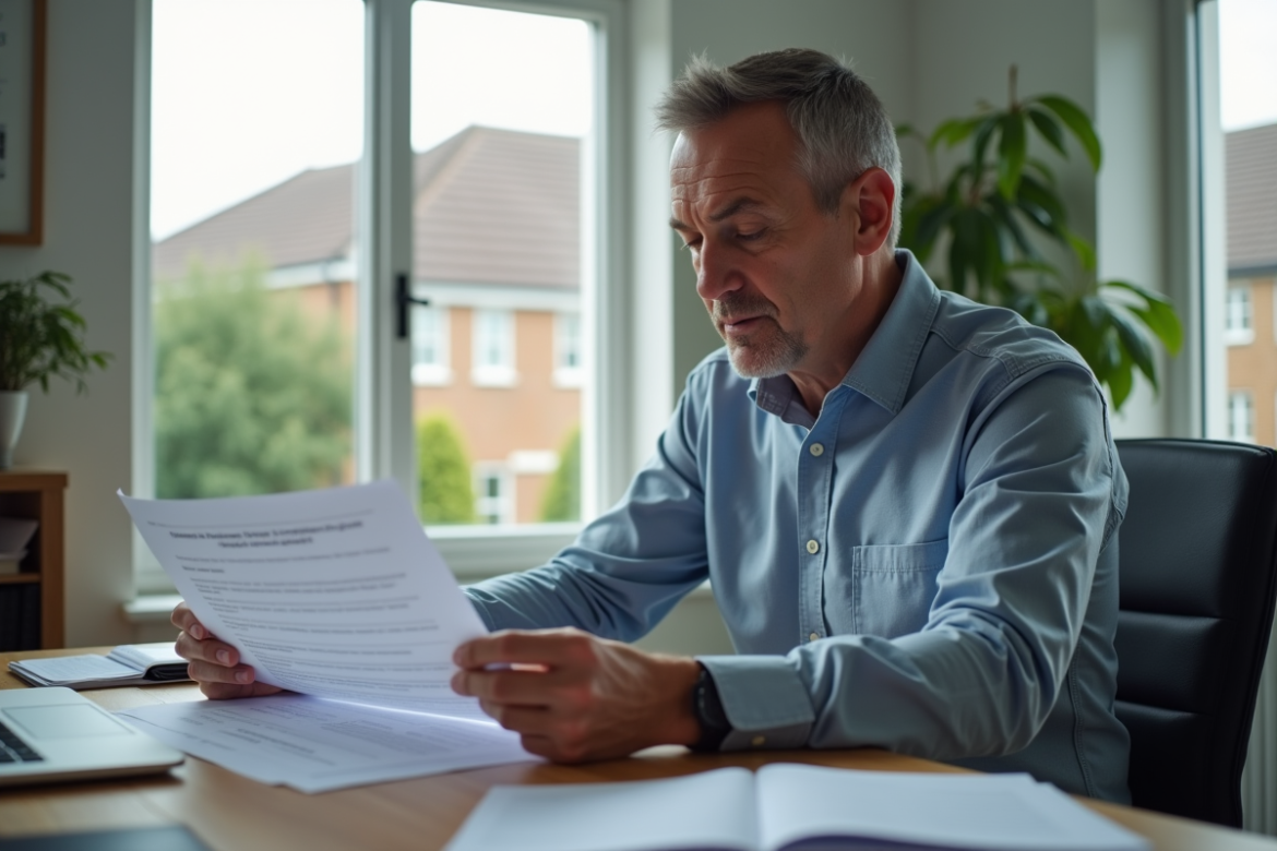Homme d'âge moyen examinant un document DPE 2025 dans un bureau moderne
