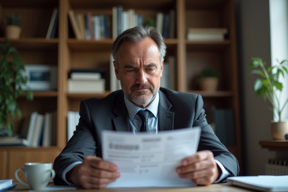 Homme français en costume étudiant un relevé bancaire