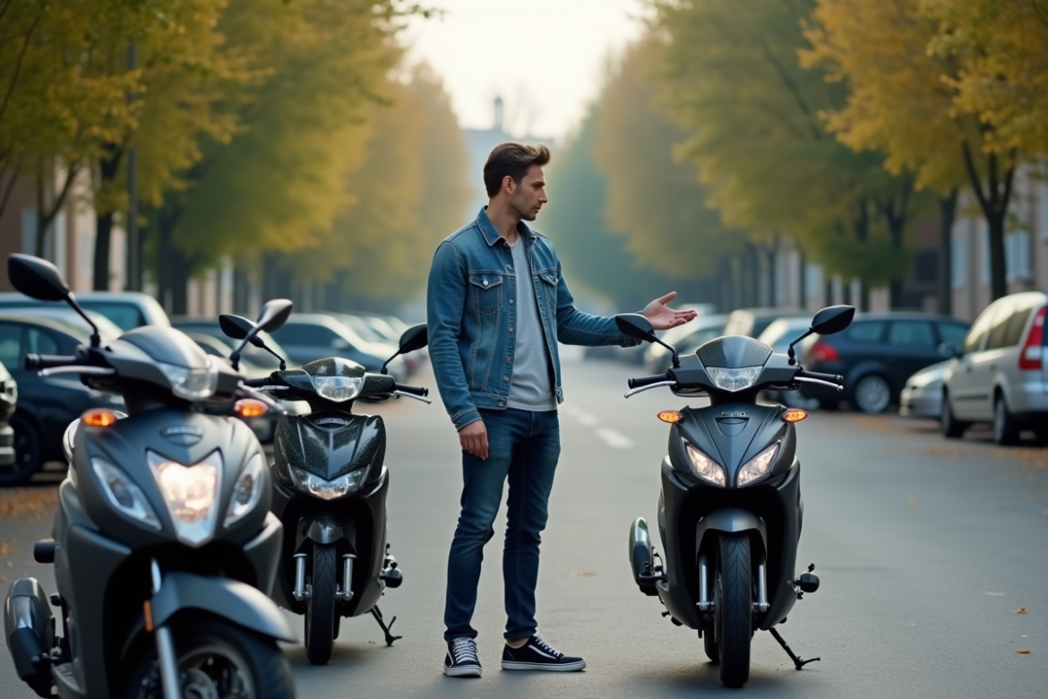 Homme en denim compare deux motos 50cc en extérieur