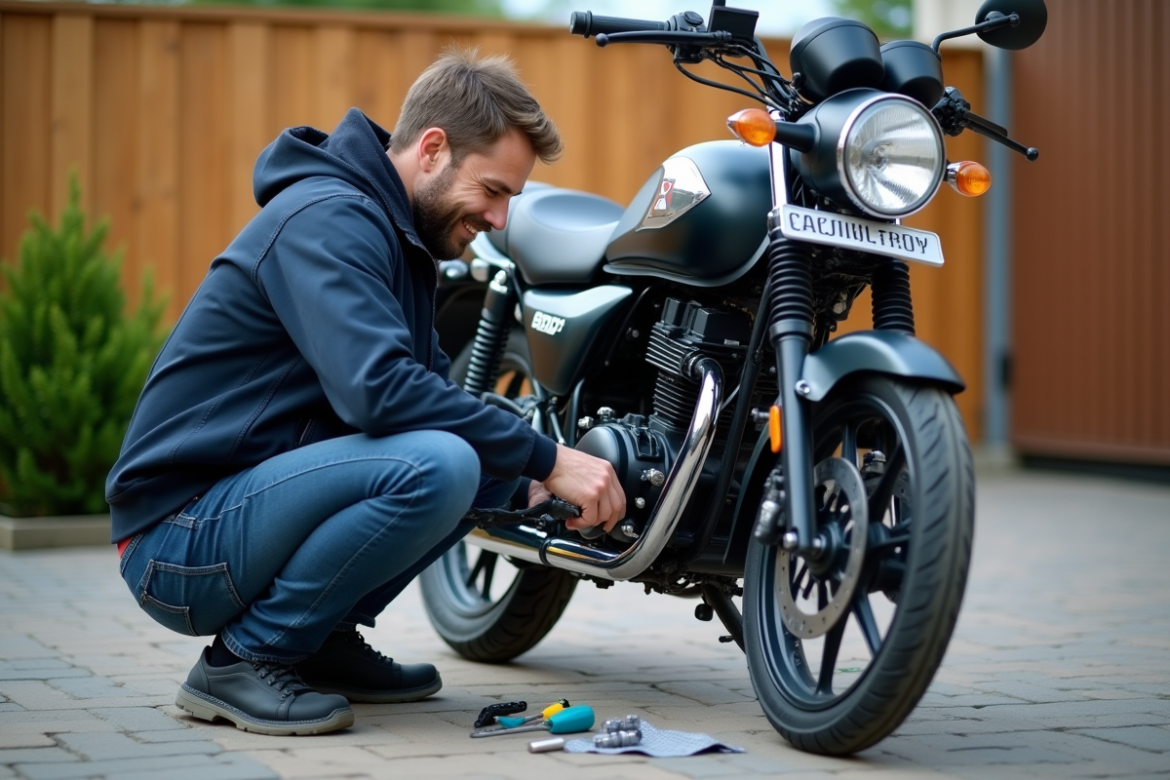 Homme en bleu nettoyant la chaîne d'une moto