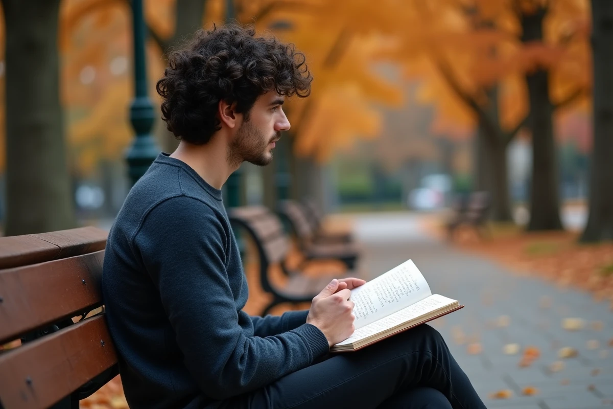 Homme lisant un carnet de poésie avec des rimes en acrostiche dans un parc en automne entouré de feuilles colorées