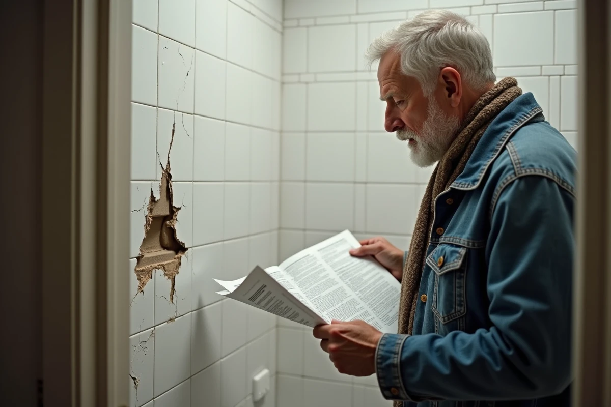 Homme examinant des carreaux endommagés dans une salle de bain