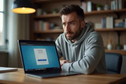Homme sceptique devant son ordinateur portable sur un espace membre en ligne, méfiant face aux faux profils sur internet