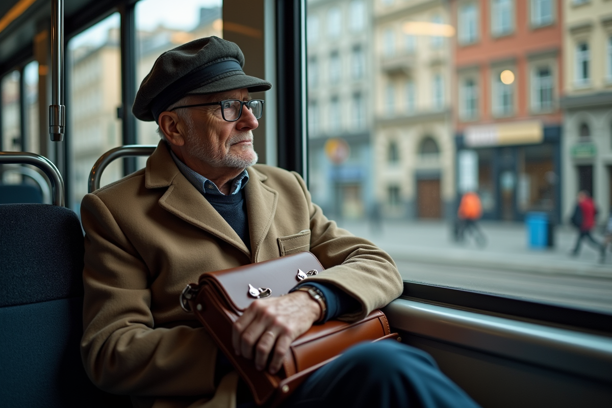 Homme âgé dans un tram moderne regardant par la fenêtre