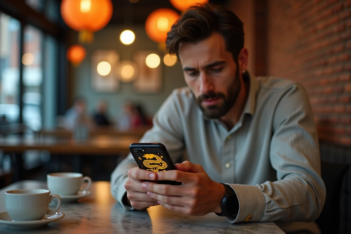 Homme consultant son smartphone dans un café pour jouer au Doodle Google du Nouvel An du Serpent
