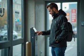 Homme utilisant sa smartwatch devant une entrée Sorlav moderne