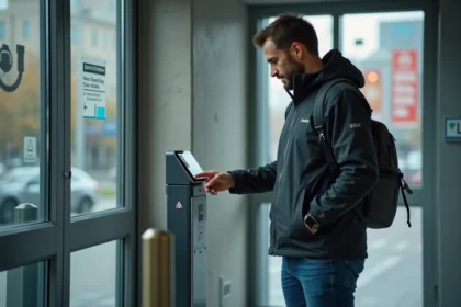 Homme utilisant sa smartwatch devant une entrée Sorlav moderne