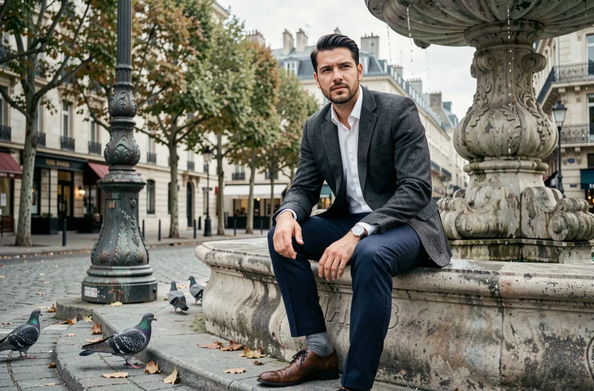 Homme en blazer charbon et pantalon marine assis sur une fontaine parisienne, look urbain Faubourg de Paris