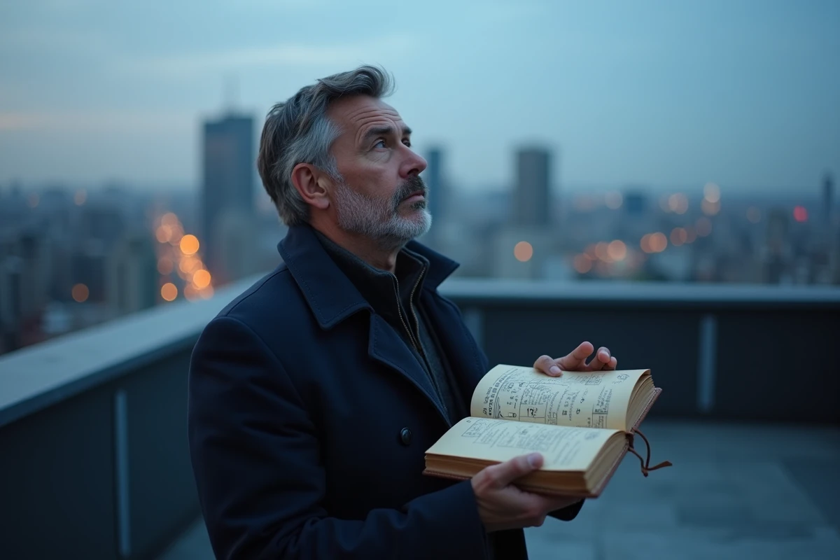 Homme sur un toit urbain au crépuscule tenant un journal avec des symboles numérологiques