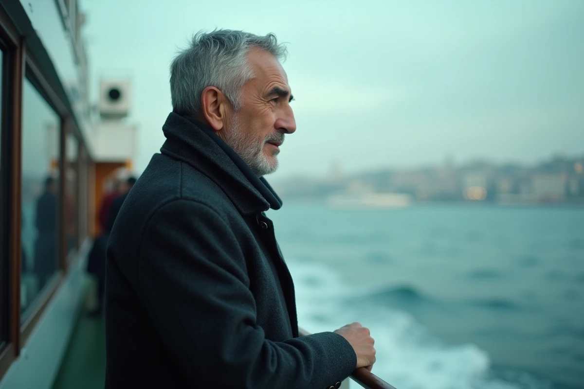 Portrait d'un homme turc contemplant le rivage européen depuis un ferry traversant le Bosphore, métaphore de l'appartenance géopolitique de la Turquie