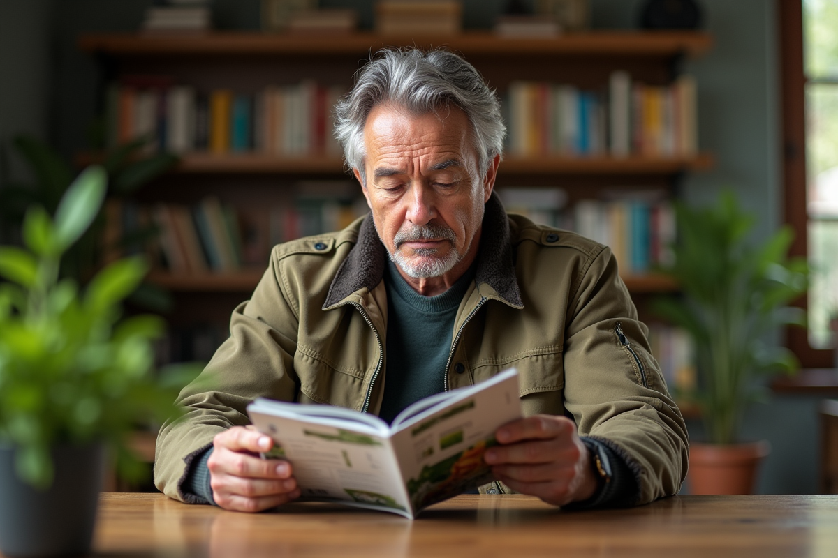 Homme en veste recyclée lisant dans un intérieur cosy